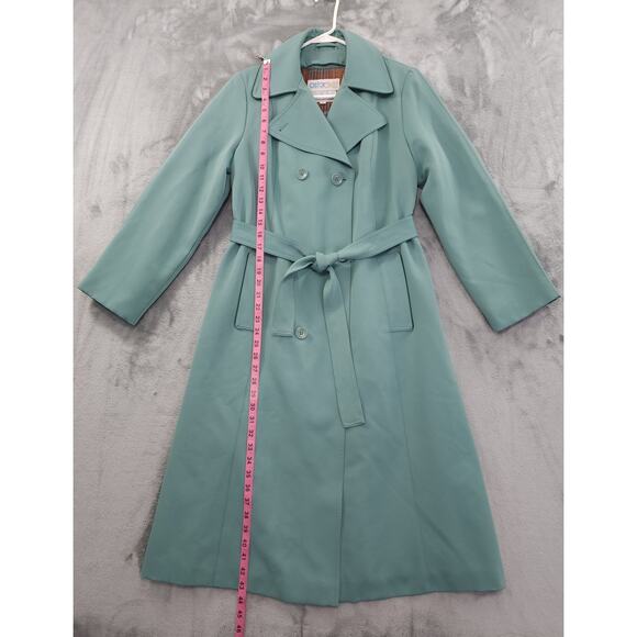 Vintage AstorOne Woven Polyester Belted Trench Coat Size 12 Green Zip Out Liner - Picture 9 of 10